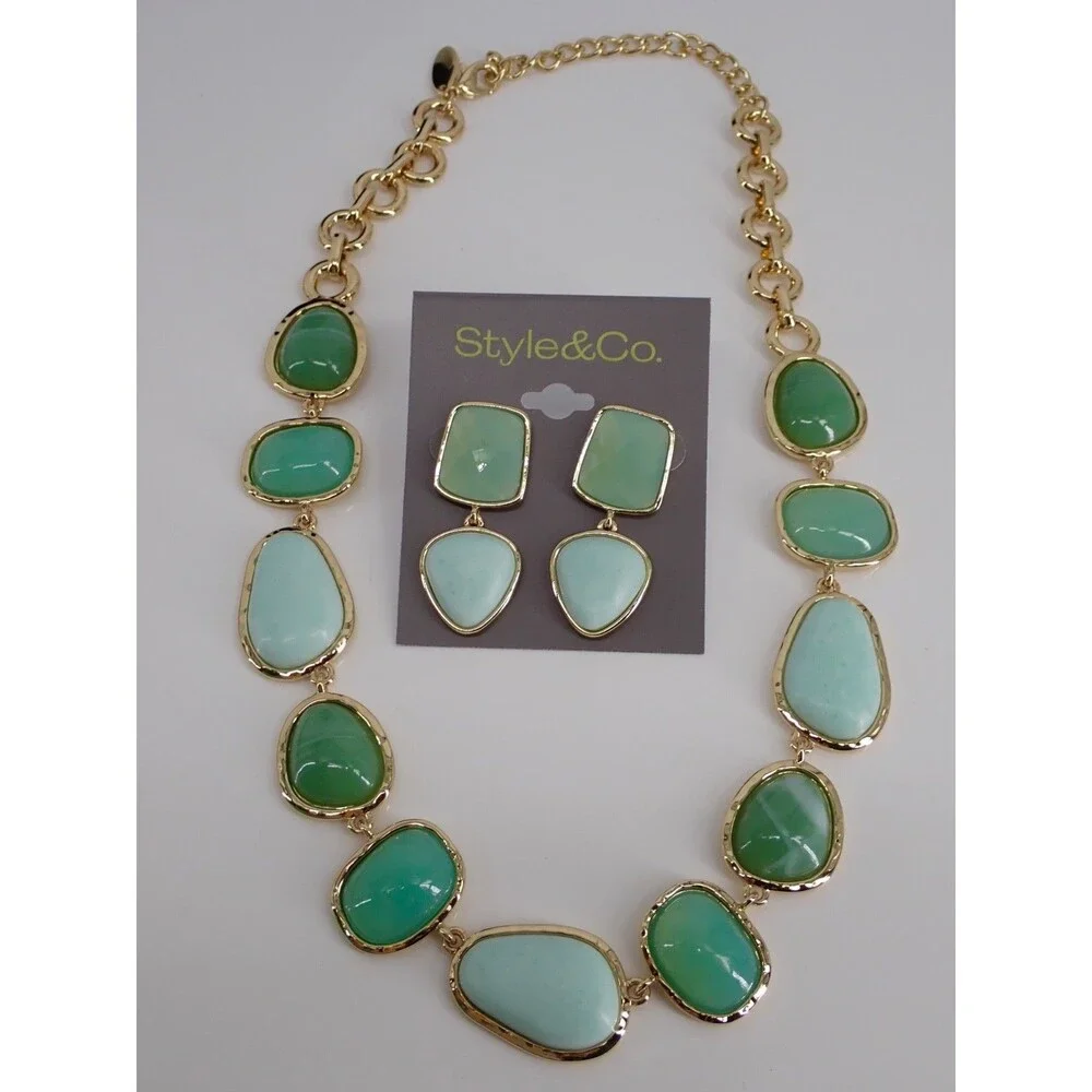 Style & Co. Gold-Tone Green Stone Statement Necklace & Matching Earring Set NWT